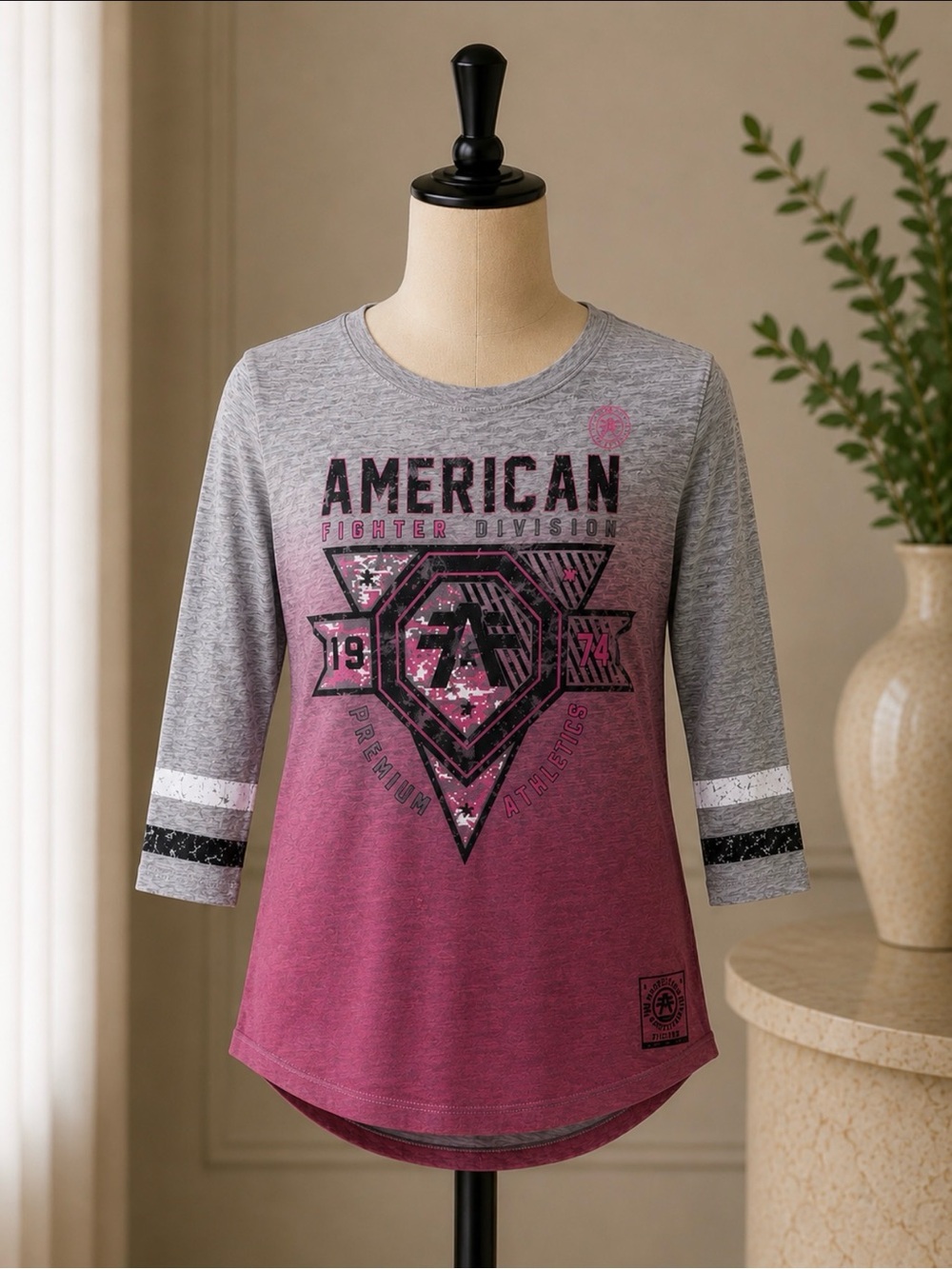 American Fighter Gray & Pink Ombre Long Sleeve Graphic Tee